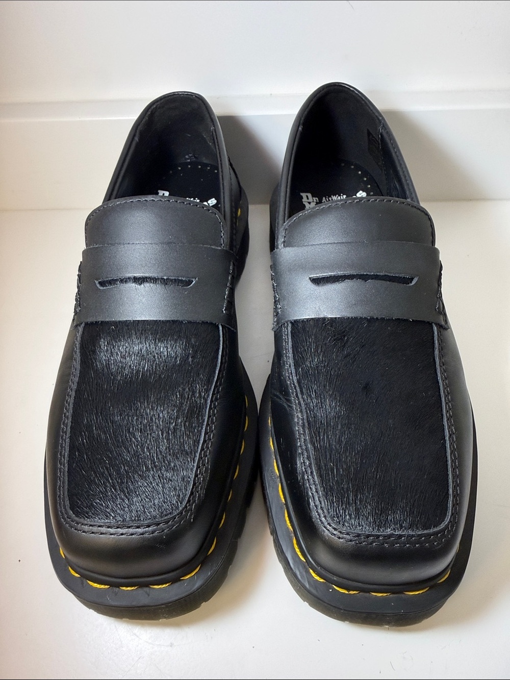 Dr. Martens Unisex Black Leather & Calfhair Loafers w/ Yellow Stitching